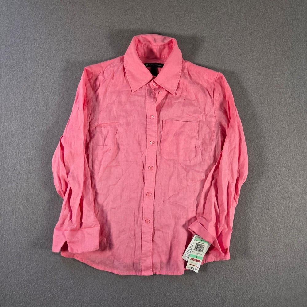 INC International Concepts Blouse Womens 8 Pink Linen Long Sleeve Shirt NEW